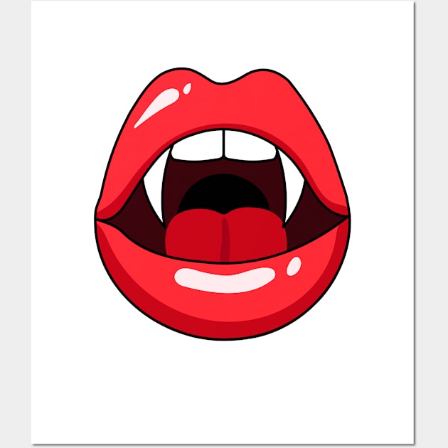 Womans mouth with red lipstick and vampire teeth Wall Art by keeplooping